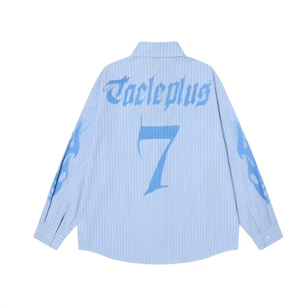 Men’s Striped Letter Print Shirt – Double-Sided Graphic Long Sleeve Button-Up, Loose Fit High Street Autumn Shirt