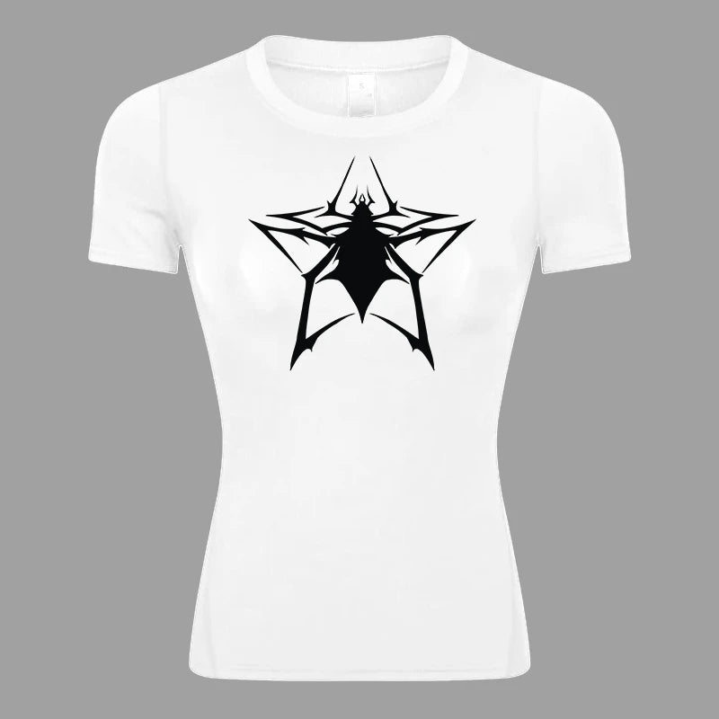 Women’s Spider Print Compression Shirt – Short Sleeve Athletic Top for Running, Gym & Yoga