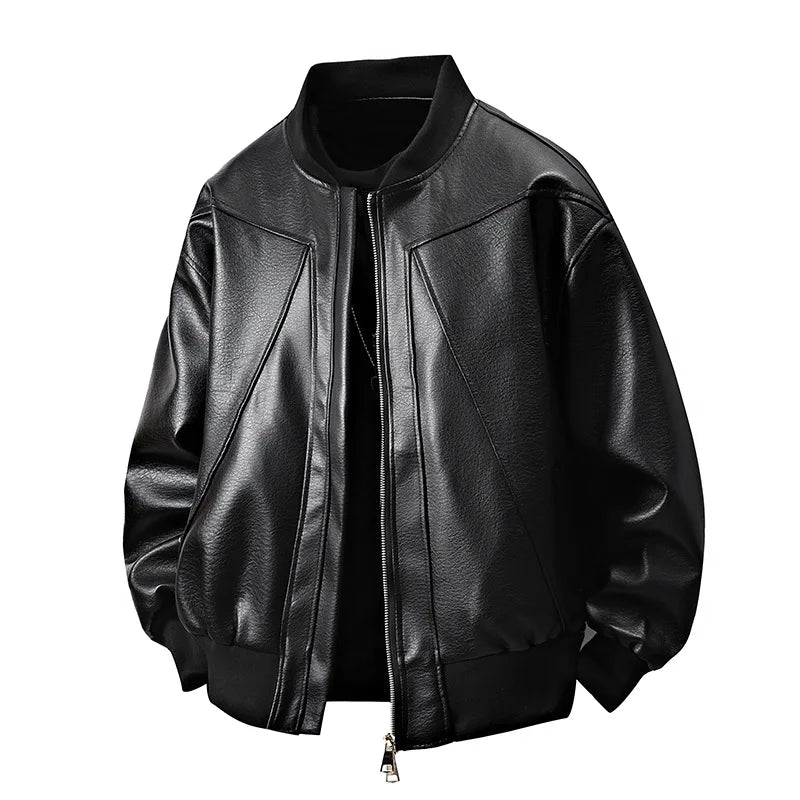 Men’s American-Style Leather Jacket – Baseball Collar Silk-Lined Bomber | Loose-Fit Spring Casual Outerwear