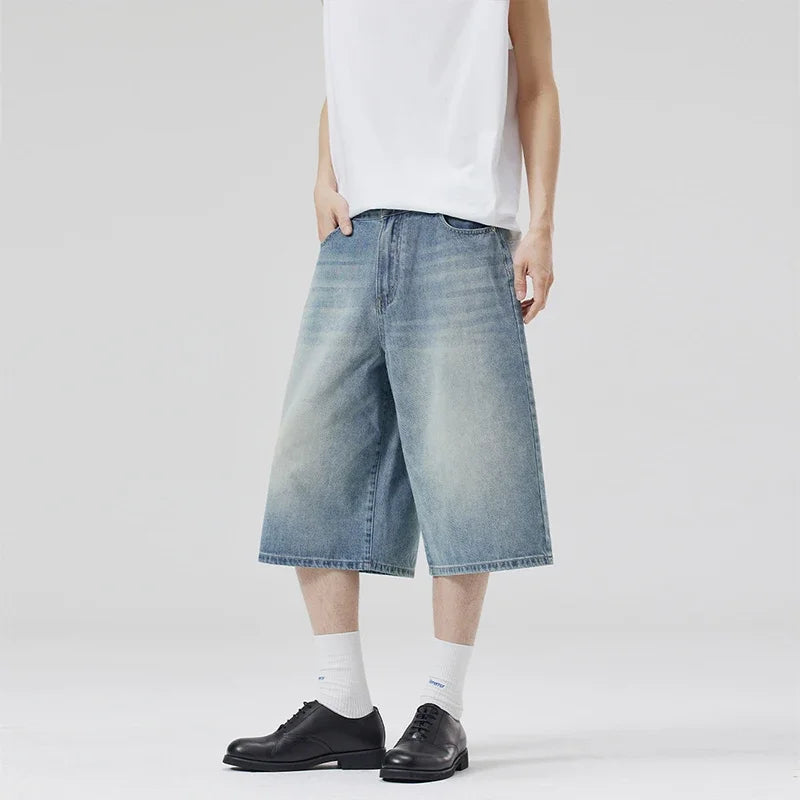 Men’s Lightning Crack Denim Shorts – Loose Wide-Leg Cropped Jeans | American Streetwear Casual Pants