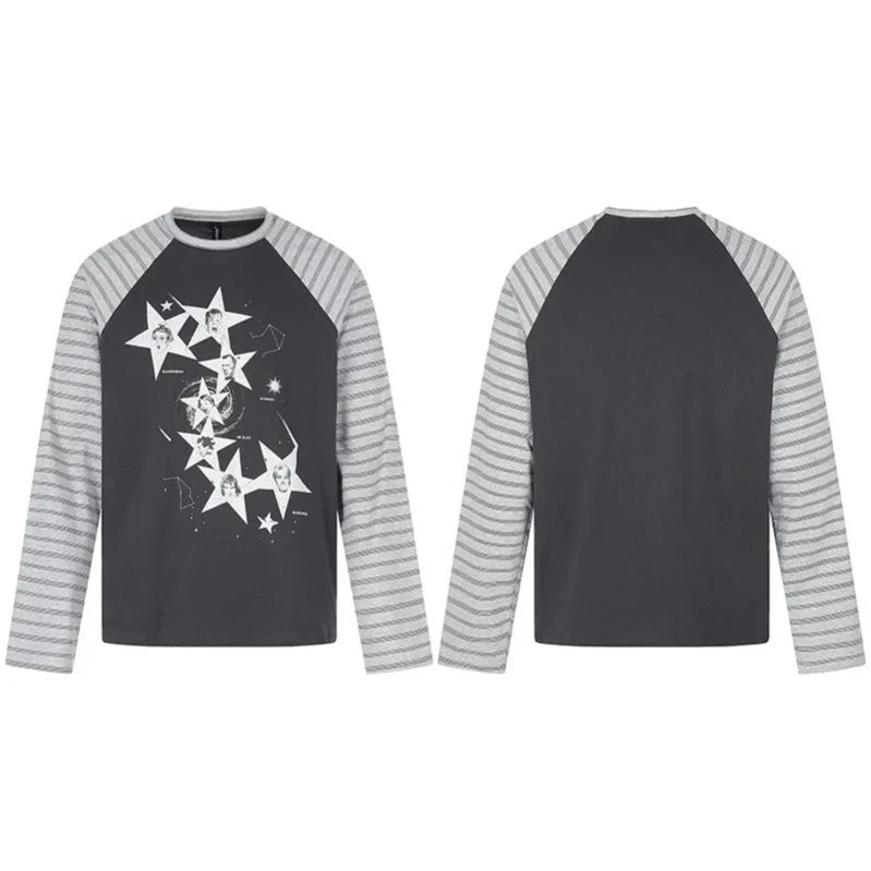 Unisex Retro American Star Print T-Shirt – Striped Patchwork Long Sleeve Cotton Streetwear Topstyle