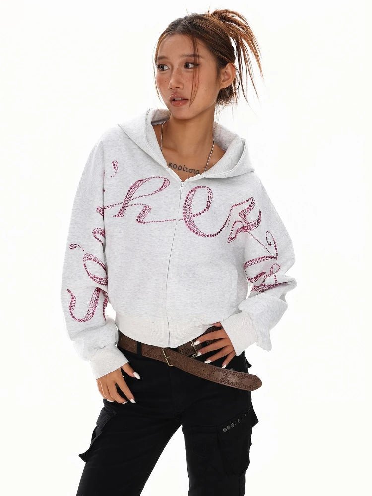 Women’s Vintage Hooded Jacket – Long Sleeve Rhinestone Punk Streetwear Coat, Casual Autumn Outerwear