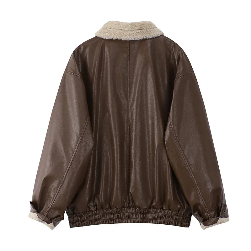 Women’s Faux Leather Fur-Lined Jacket – Warm Thick Vintage Motorcycle Coat, Long Sleeve Lapel Winter Outerwear