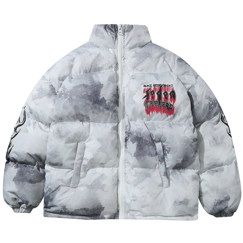 Men’s Y2K Oversized Puffer Parka – Letter Graphic Tie-Dye Winter Jacket, Warm Hip Hop Streetwear