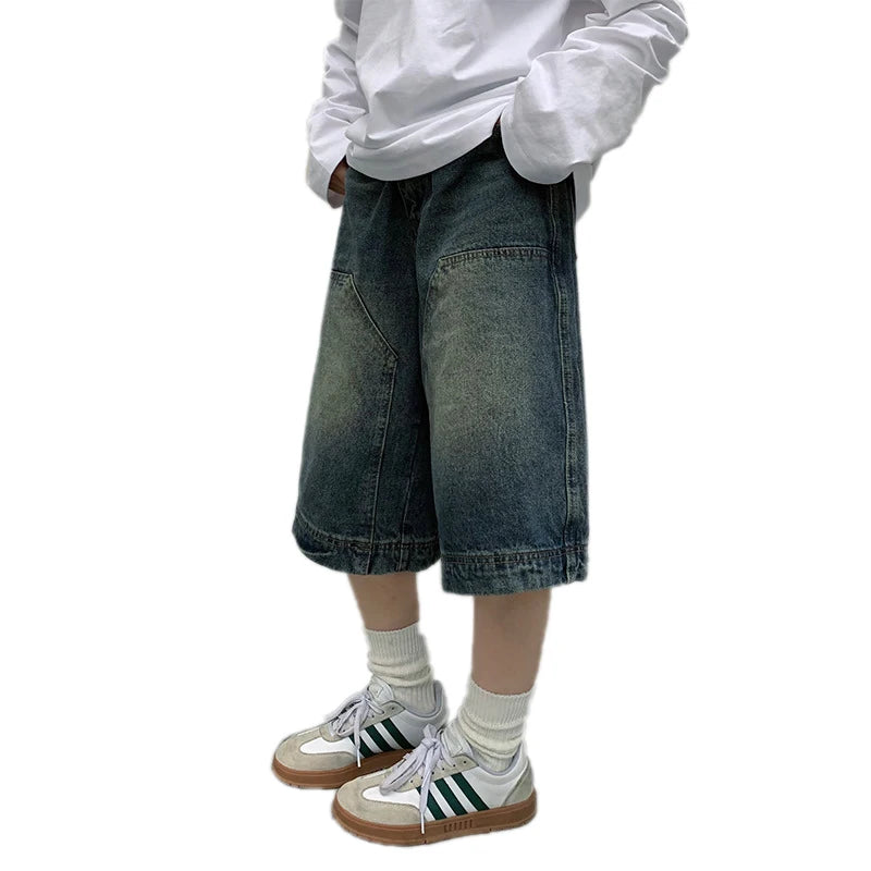 Unisex Y2K Baggy Denim Jorts – Vintage Washed Wide-Leg Capri Shorts | Oversized Casual Streetwear