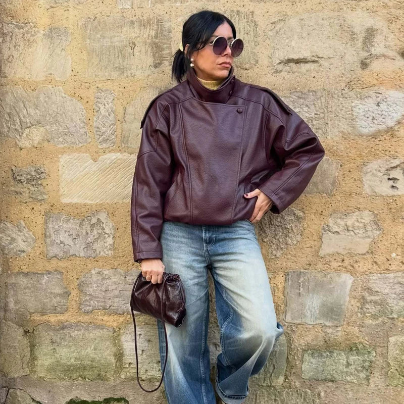 Women’s Oversized Faux Leather Bomber Jacket – Winter Fashion Coat