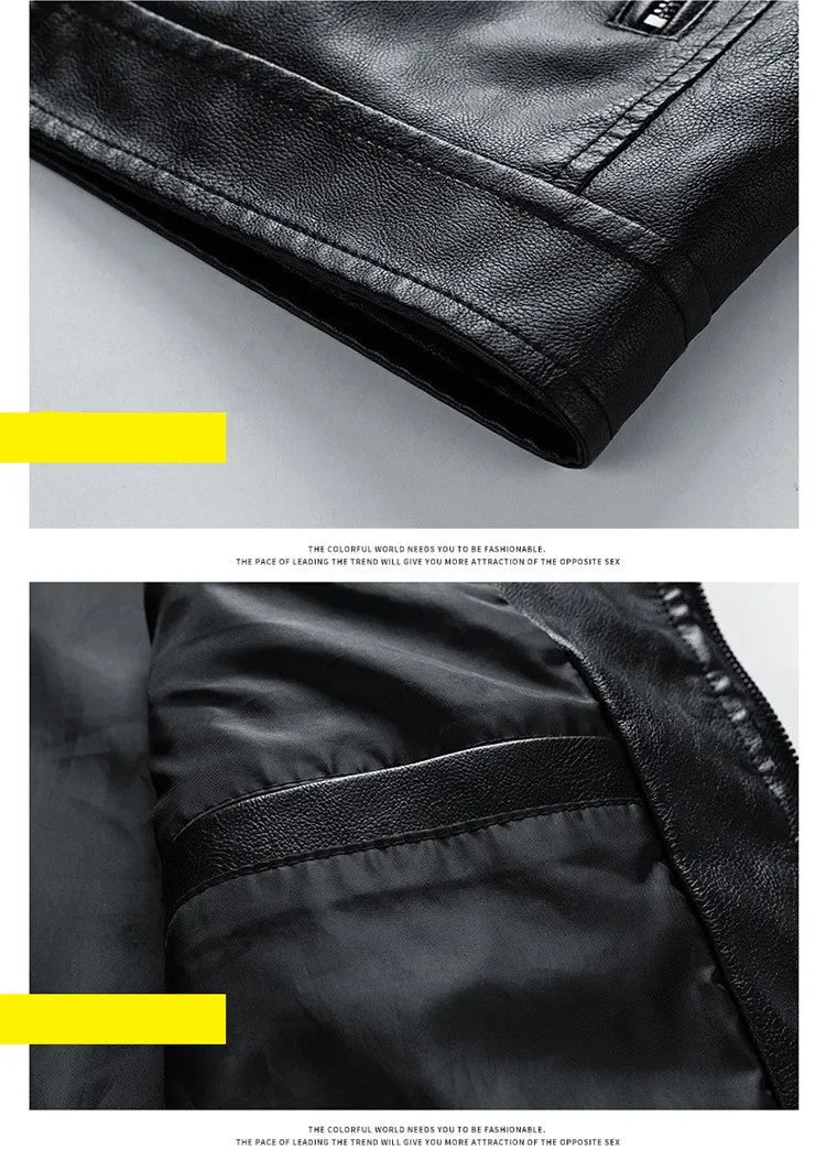 Men's PU Leather Motorcycle Jacket – Slim Fit Stand Collar Biker Coat