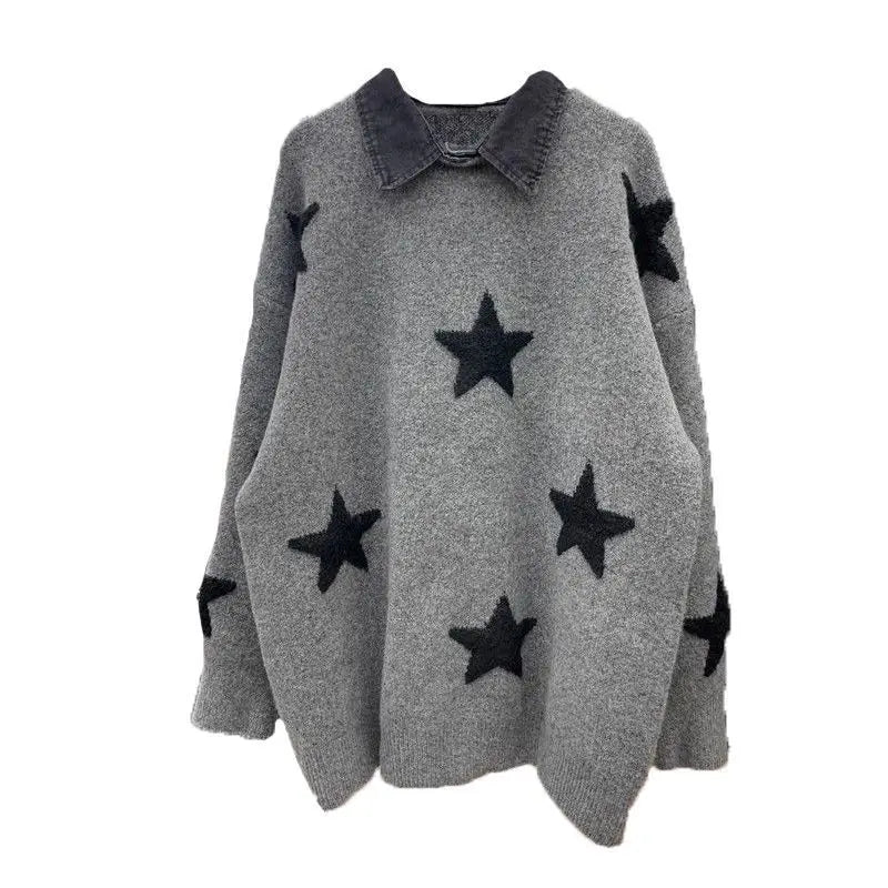 Women’s Star Embroidered Knit Sweater – Loose Fit Long Sleeve Casual Pullover, Comfortable Spring & Autumn Outerwear