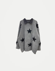 Women’s Star Embroidered Knit Sweater – Loose Fit Long Sleeve Casual Pullover, Comfortable Spring & Autumn Outerwear