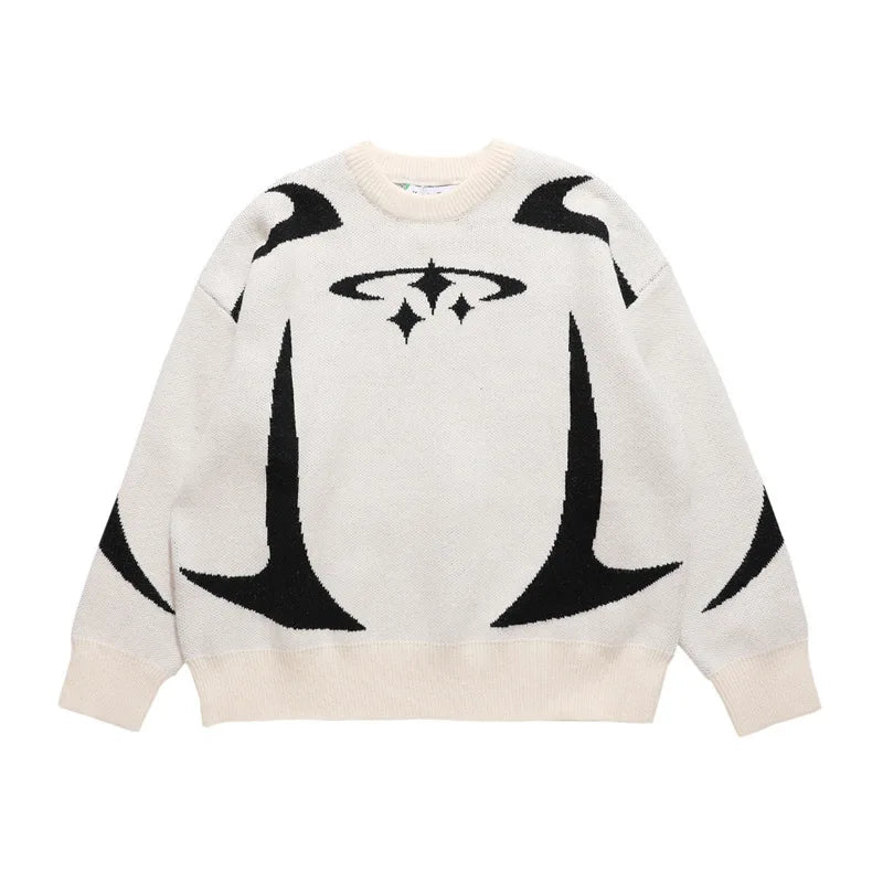 Unisex Jacquard Letter Sweater – Contrast Color Round Neck Knitwear, Trendy High Street Couple-Style Pullover