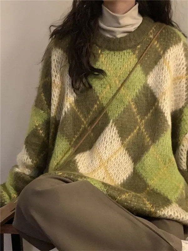 Women's Retro Argyle Pullover Sweater – Harajuku BF Style Oversized Knit