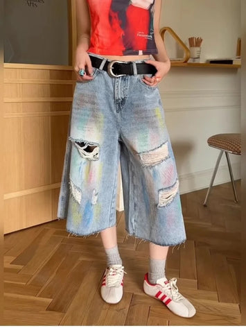 Y2K Ripped Wide Leg Denim Shorts – Women's Colour Splash Streetwear