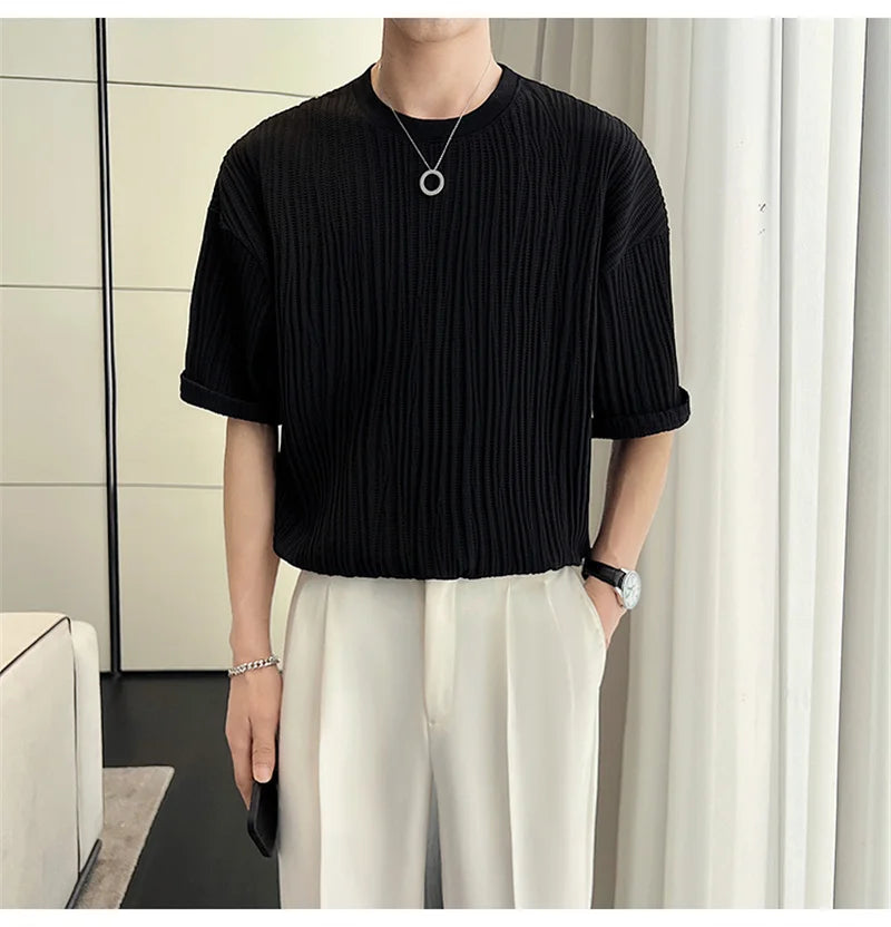 Men's Ice Silk Pleated T-Shirt – Casual Summer Crewneck Tee