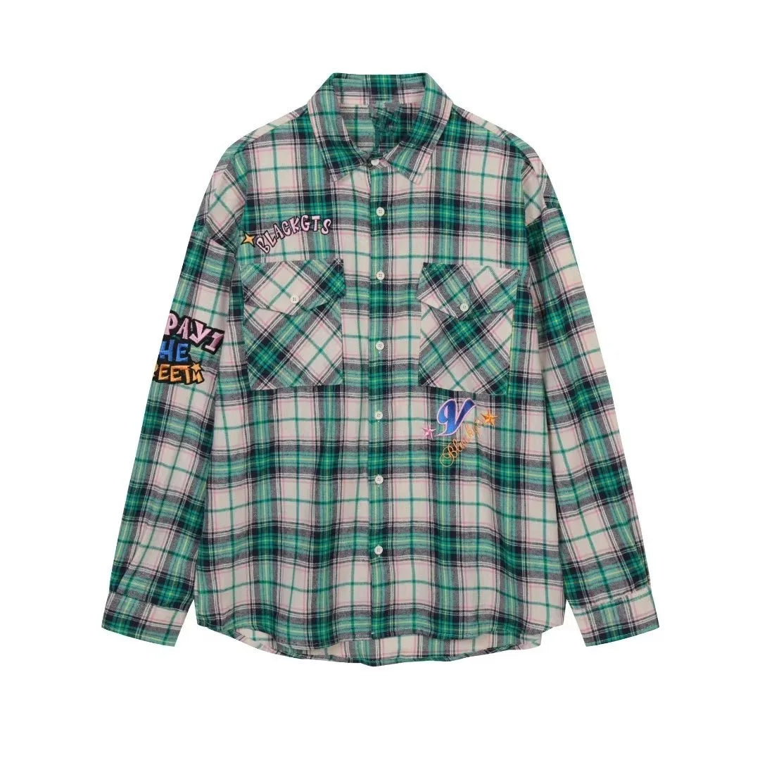 Men’s Embroidered Plaid Shirt – Loose Fit Long Sleeve Retro Casual Top