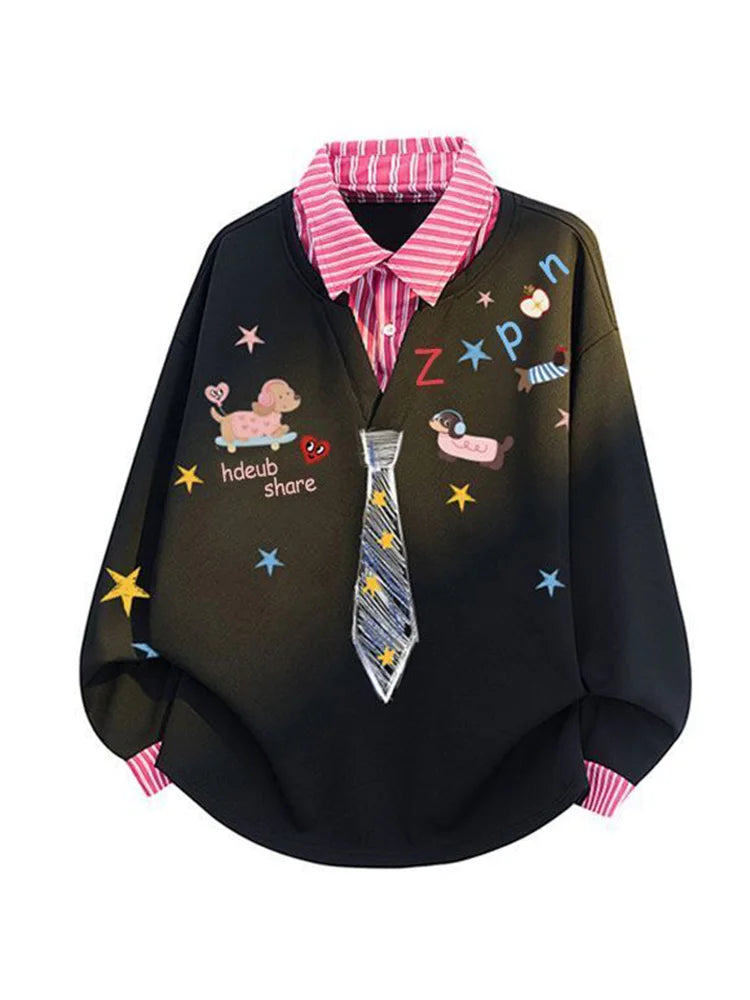 Women’s Kawaii Cartoon Print Sweatshirt – Loose-Fit Vintage Preppy Pullover, Cute Long Sleeve Patchwork Top