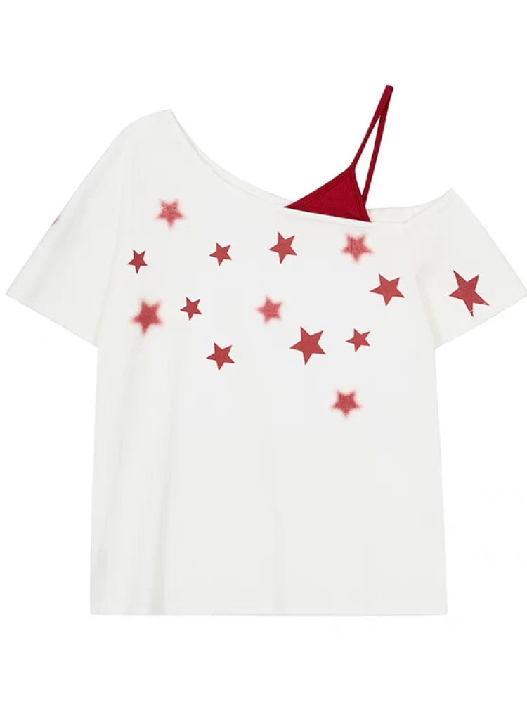 Women’s Y2K Star Graphic T-Shirt – Off-Shoulder Oversized Top | 100% Cotton Summer Tee