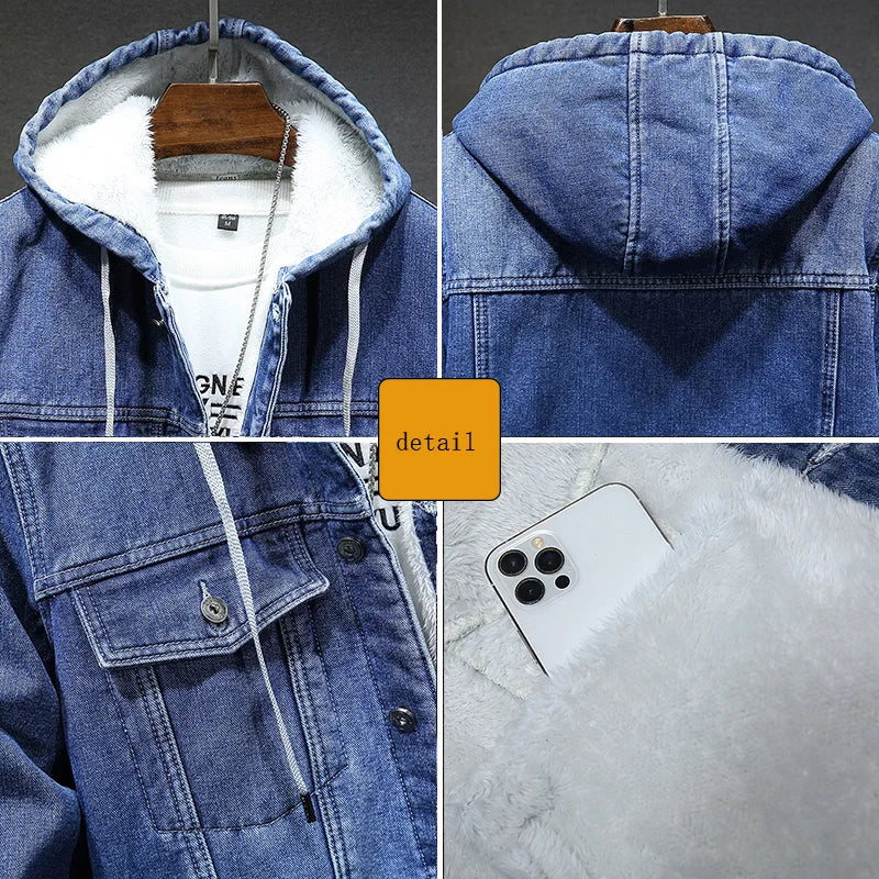 Men's Winter Hooded Denim Jacket – Fleece Thick Thermal Warm Coat