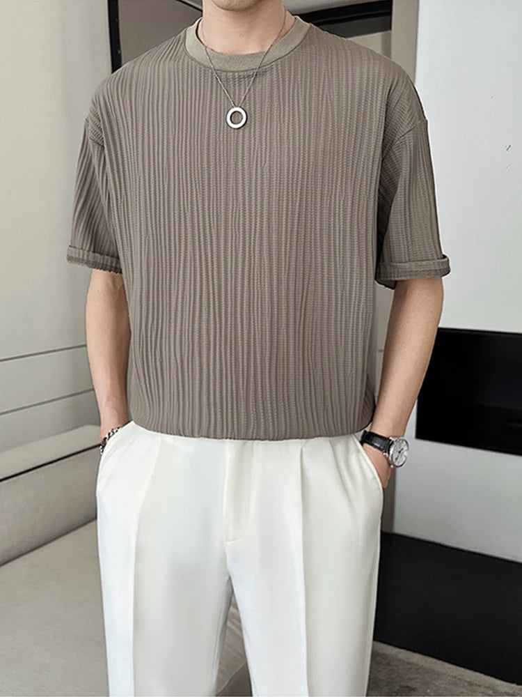 Men's Ice Silk Pleated T-Shirt – Casual Summer Crewneck Tee