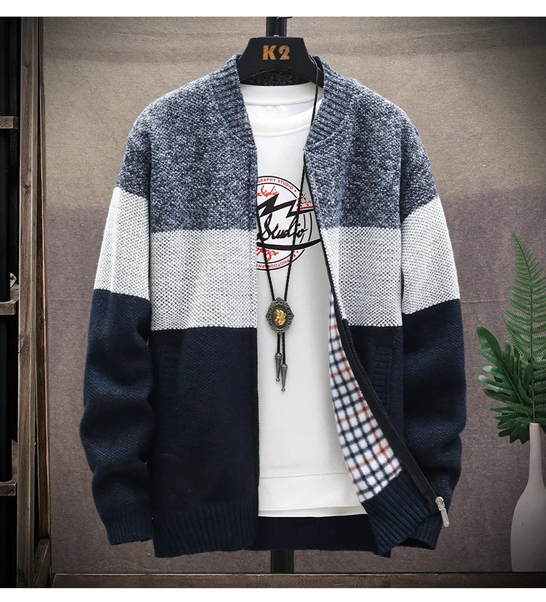 Men’s Winter Fleece Cardigan – Zipper Knit Sweater, Striped Casual Jacket