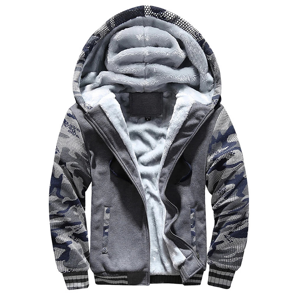 Men’s Camouflage Fleece Jacket – Thick Hooded Winter Coat, Warm Long Sleeve Casual Streetwear Outerwear