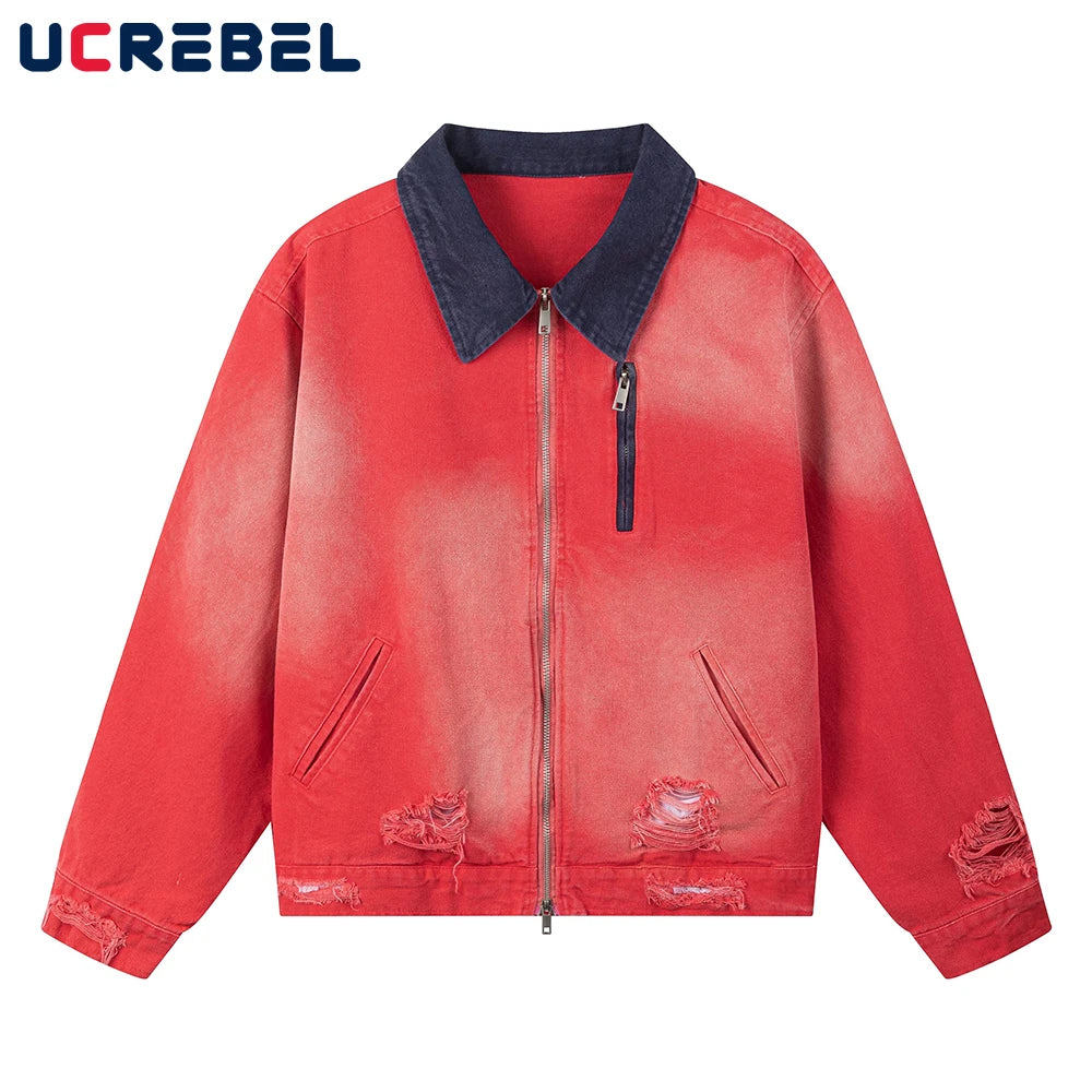 Block Cargo Jacket Mens Ripped Spring Retro High Street Long Sleeve Outerwear Men