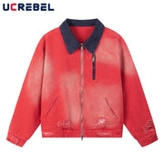 Block Cargo Jacket Mens Ripped Spring Retro High Street Long Sleeve Outerwear Men