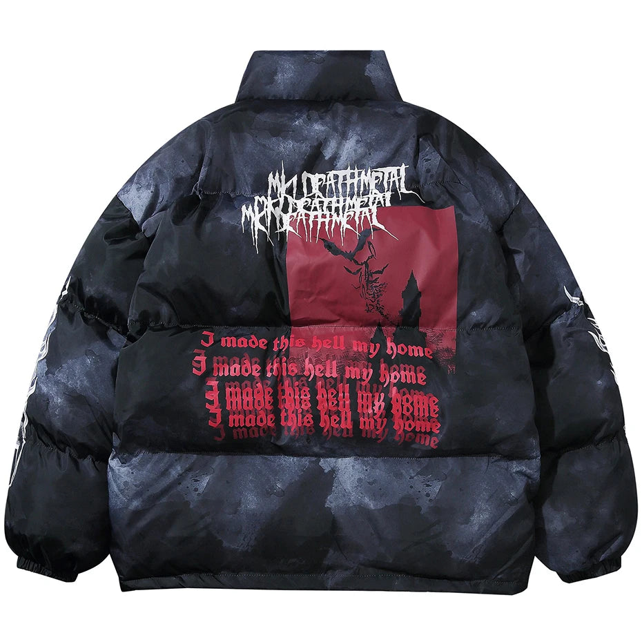 Men’s Y2K Oversized Puffer Parka – Letter Graphic Tie-Dye Winter Jacket, Warm Hip Hop Streetwear