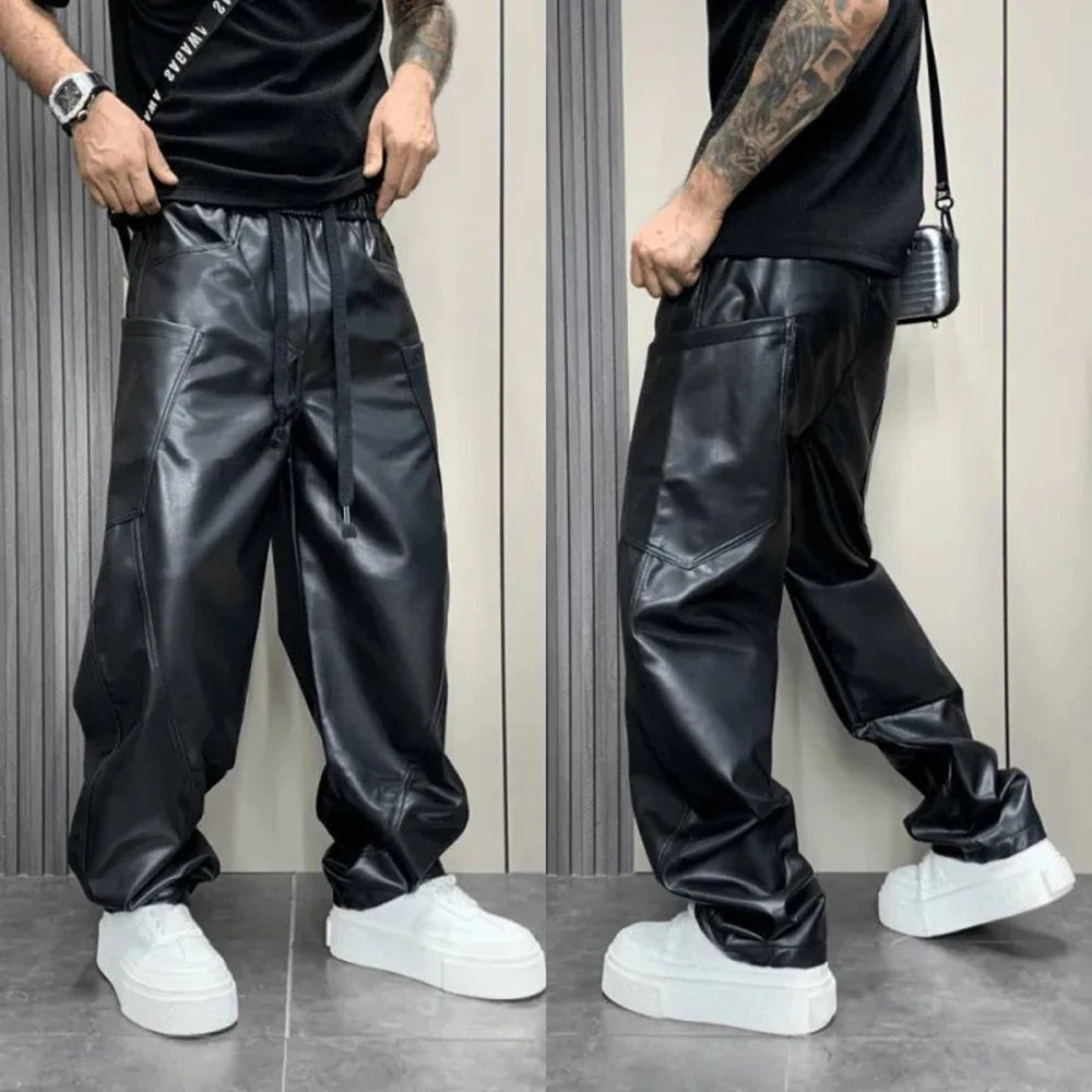 Men’s PU Leather Jogger Pants – Casual Streetwear Multi-Pocket Design
