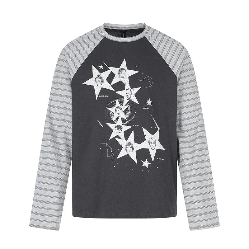 Unisex Retro American Star Print T-Shirt – Striped Patchwork Long Sleeve Cotton Streetwear Topstyle