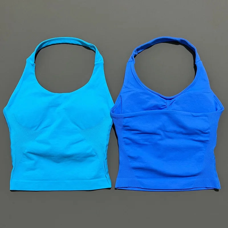 Women's Seamless Halterneck Longline Sports Tank Top – Ruched Gym Activewear