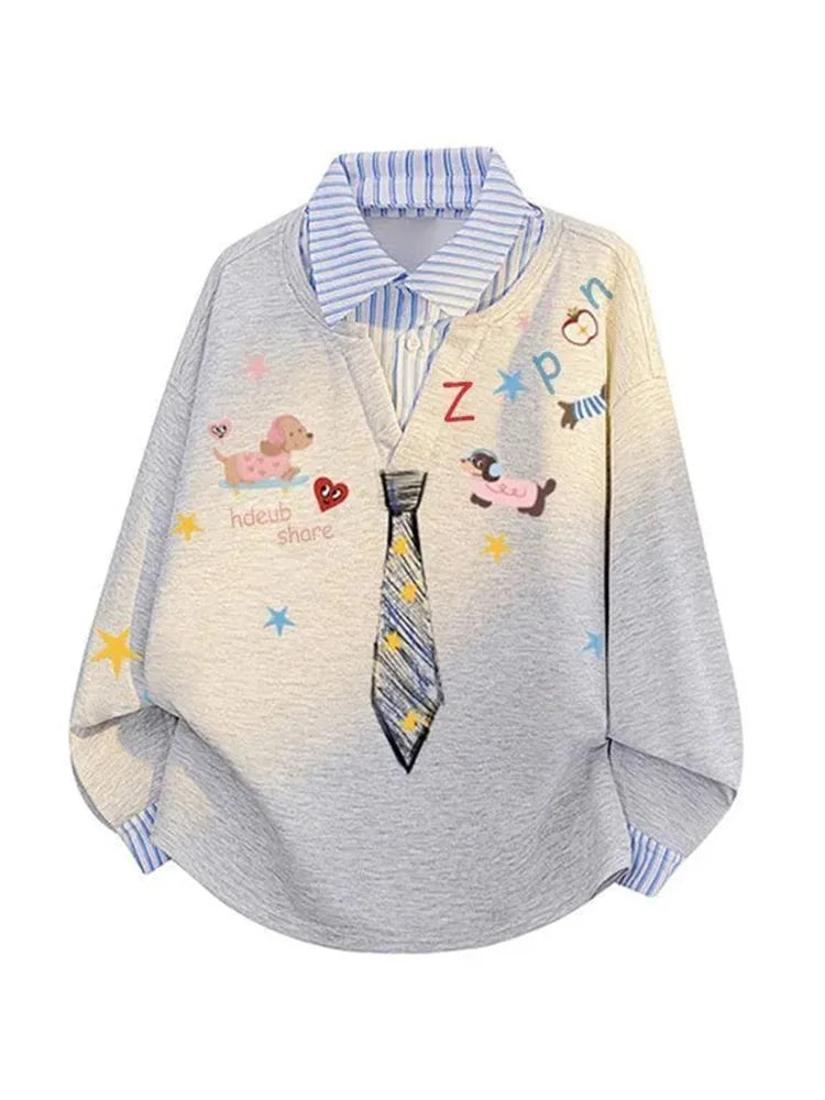 Women’s Kawaii Cartoon Print Sweatshirt – Loose-Fit Vintage Preppy Pullover, Cute Long Sleeve Patchwork Top