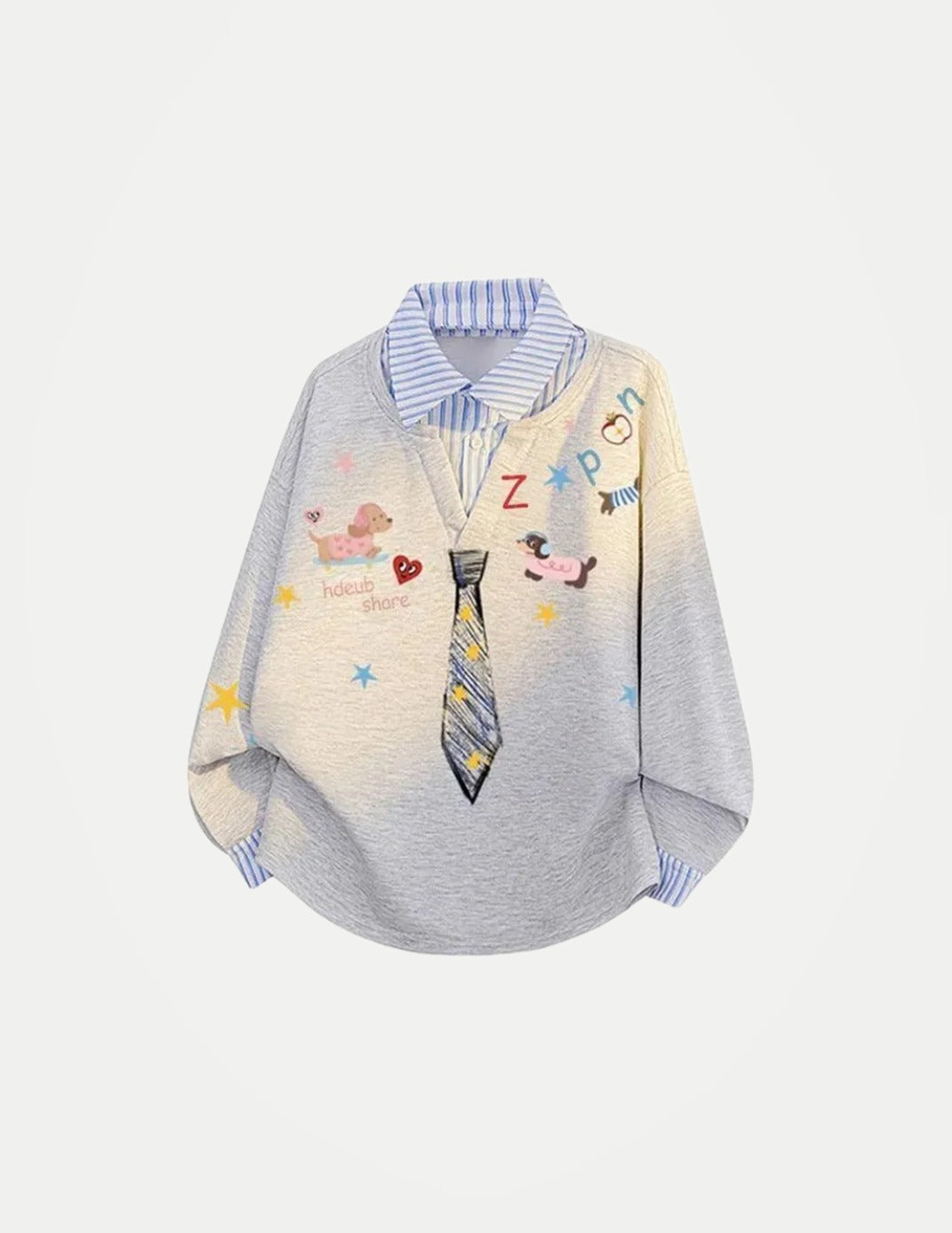 Women’s Kawaii Cartoon Print Sweatshirt – Loose-Fit Vintage Preppy Pullover, Cute Long Sleeve Patchwork Top