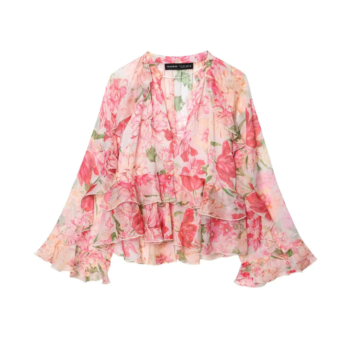 Women’s Summer V-Neck Blouse – Chic Tiered Loose Long Sleeve Top | Vintage Casual Fashion Shirt