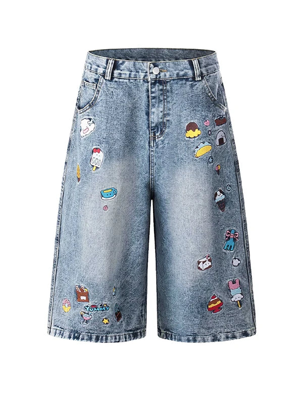 Women’s High-Waist Denim Shorts – Retro Blue Loose-Fit Embroidered Summer Shorts | Plus Size