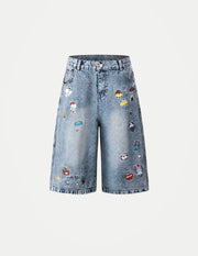 Women’s High-Waist Denim Shorts – Retro Blue Loose-Fit Embroidered Summer Shorts | Plus Size