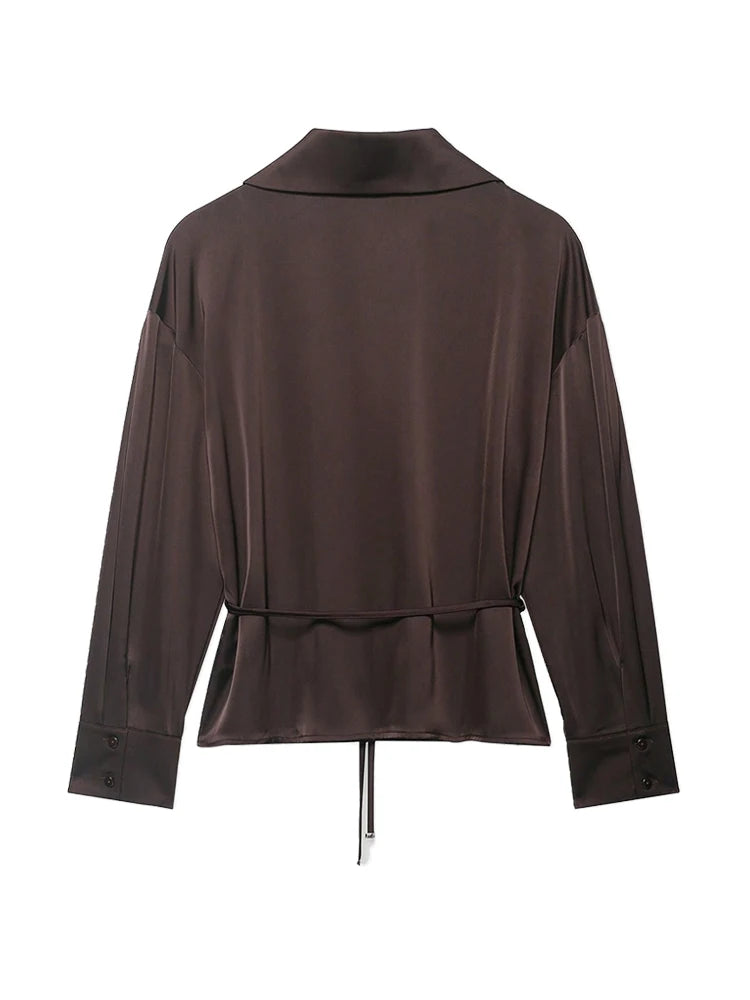 Women’s Satin Blouse – Belted Waist, Long Sleeve Lapel Top