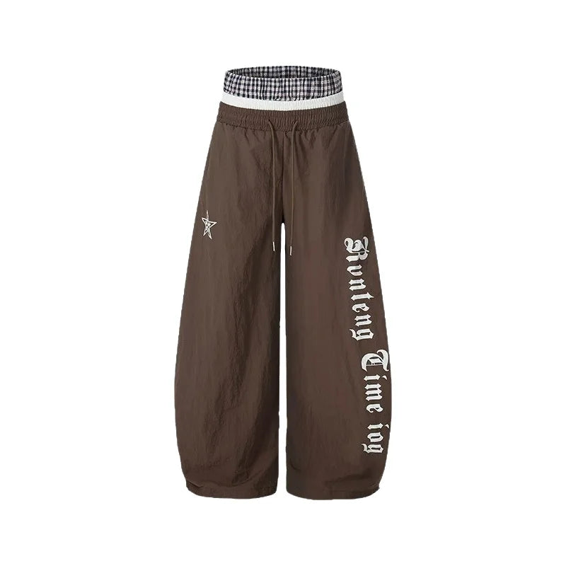 Unisex American Retro Plaid Wide-Leg Pants – Loose Fit Letter Print Double-Waist Trousers | Summer Streetwear