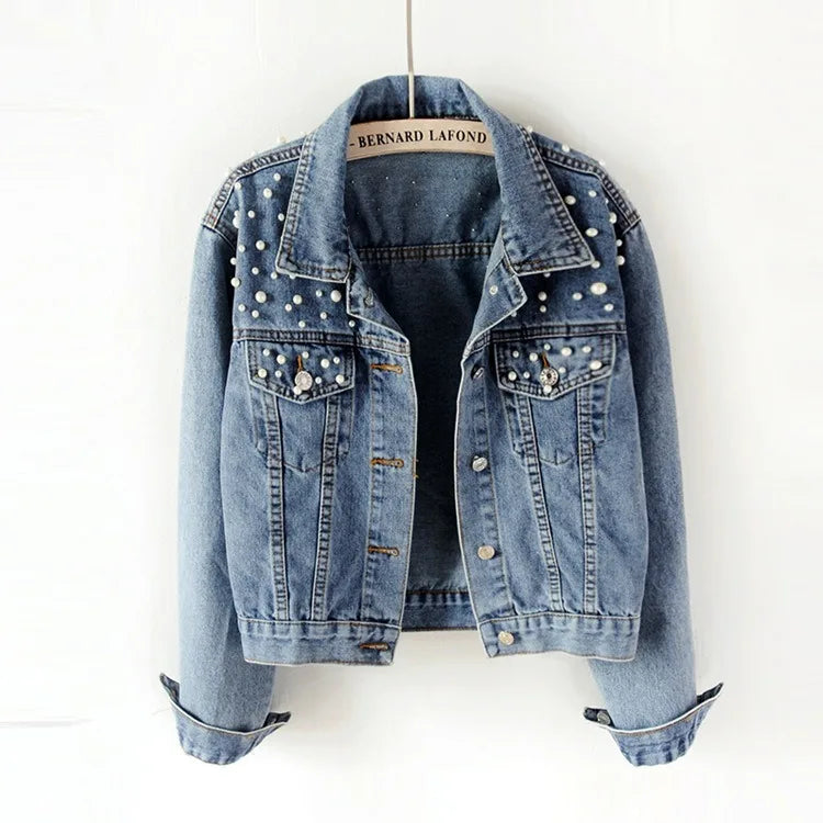 Women’s Beaded Denim Jacket – Loose Fit Embellished Winter Coat for Autumn & Winter