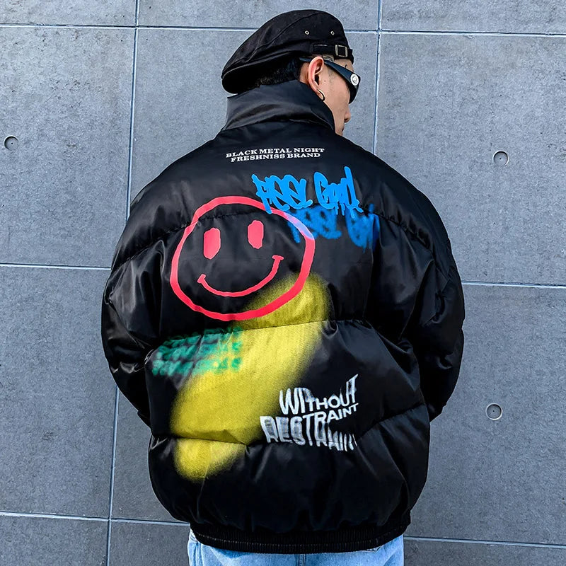 Hip Hop Parka Happy Graffiti Print Men Windbreaker Jacket