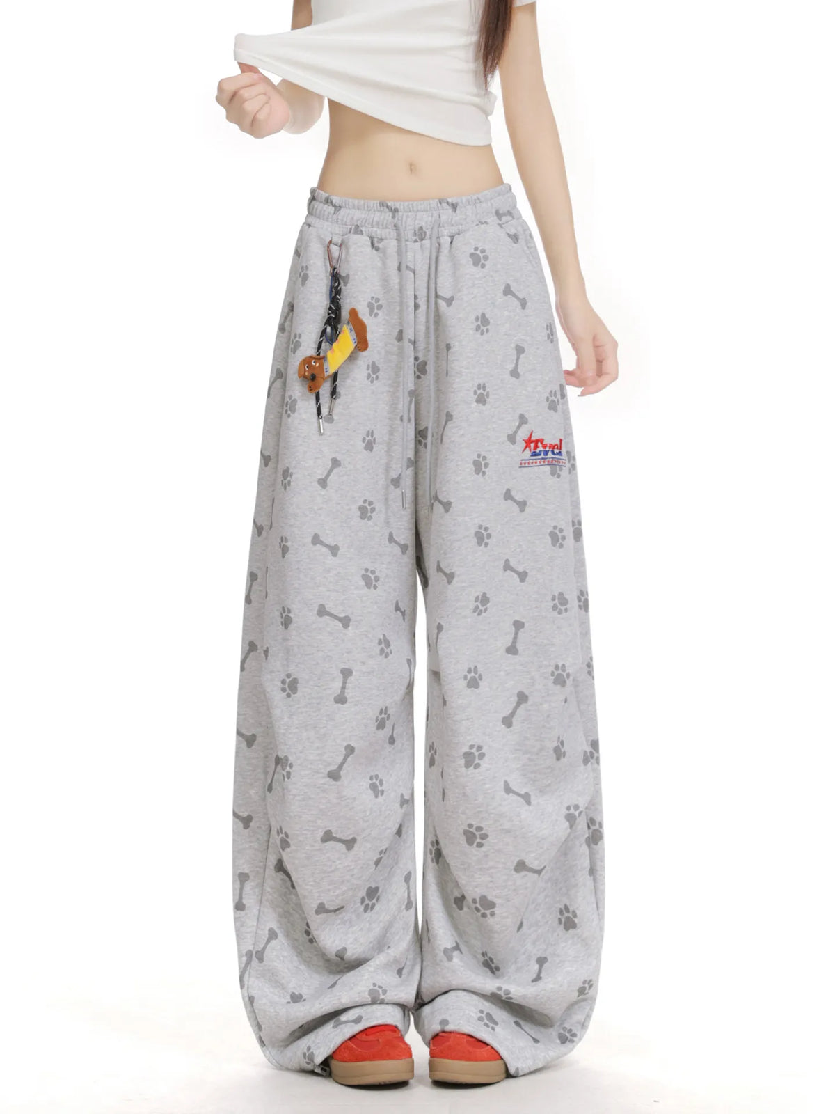 Women’s Dog Paw & Bone Print Sweatpants – Loose Wide-Leg Straight-Leg Trousers | American Streetwear Style