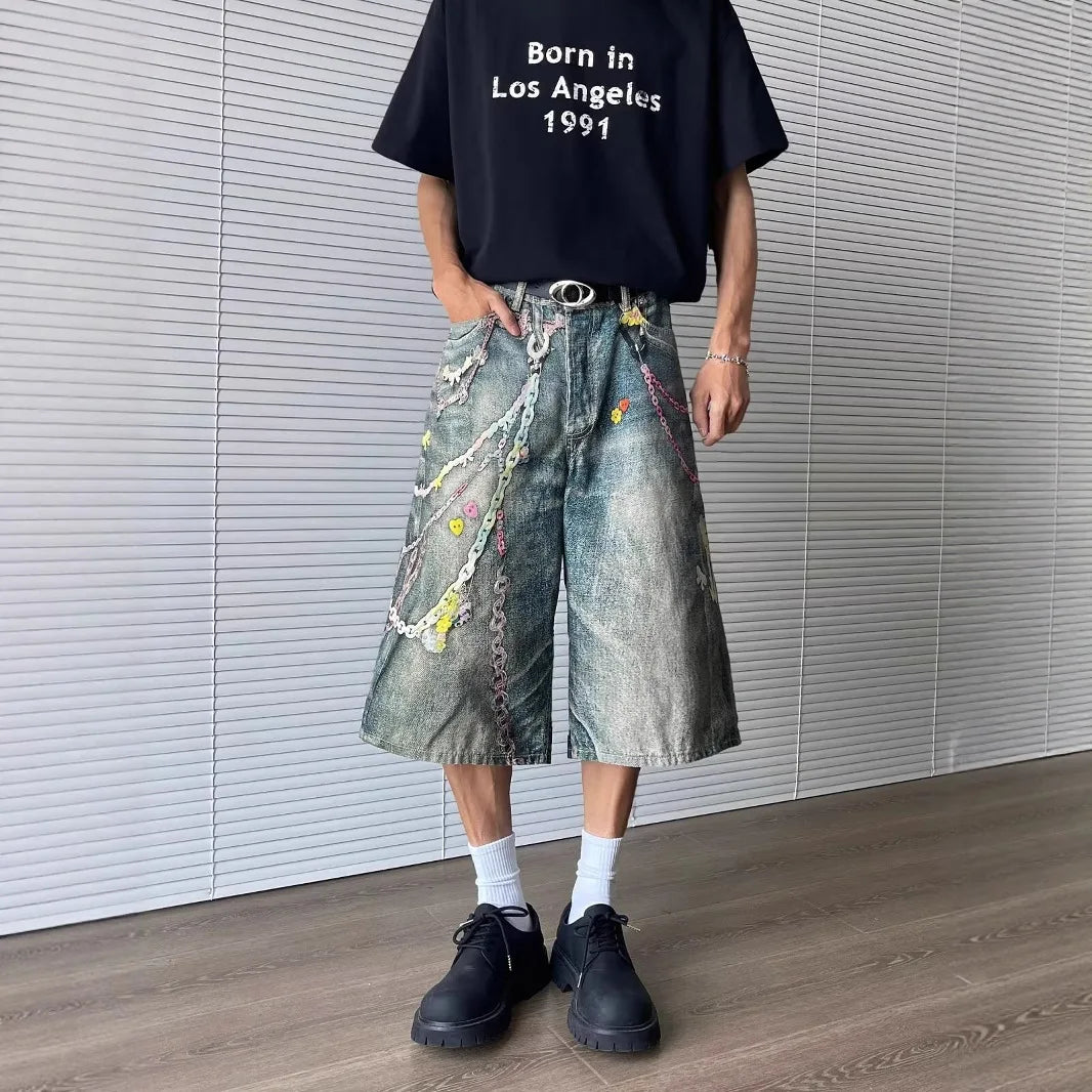 Men’s Retro Chain-Print Denim Shorts – Loose Wide-Leg Cropped Pants | American Hip-Hop Streetwear