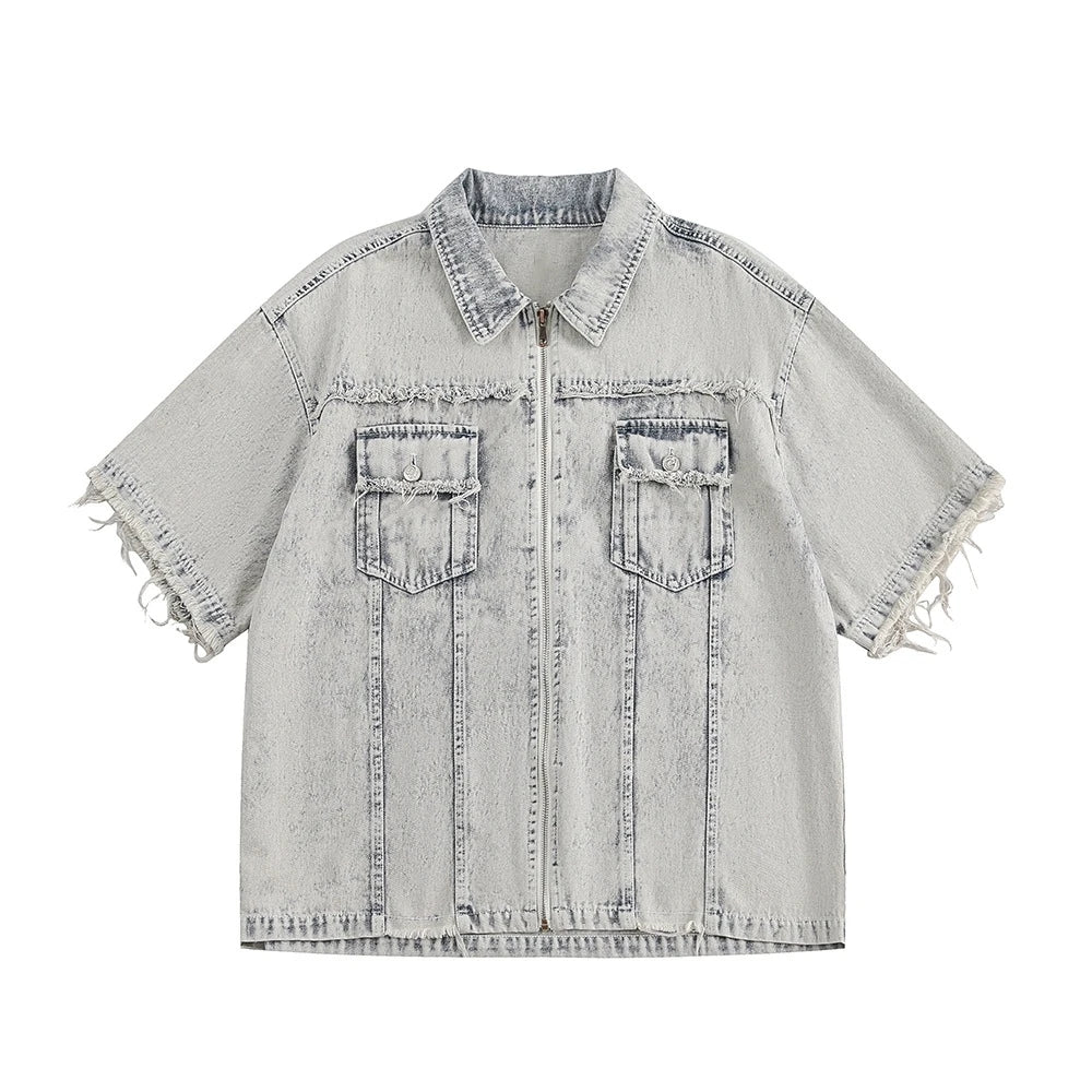 Men’s Vintage Washed Denim Shirt – Loose Fit Short Sleeve Casual Top