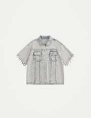 Men’s Vintage Washed Denim Shirt – Loose Fit Short Sleeve Casual Top