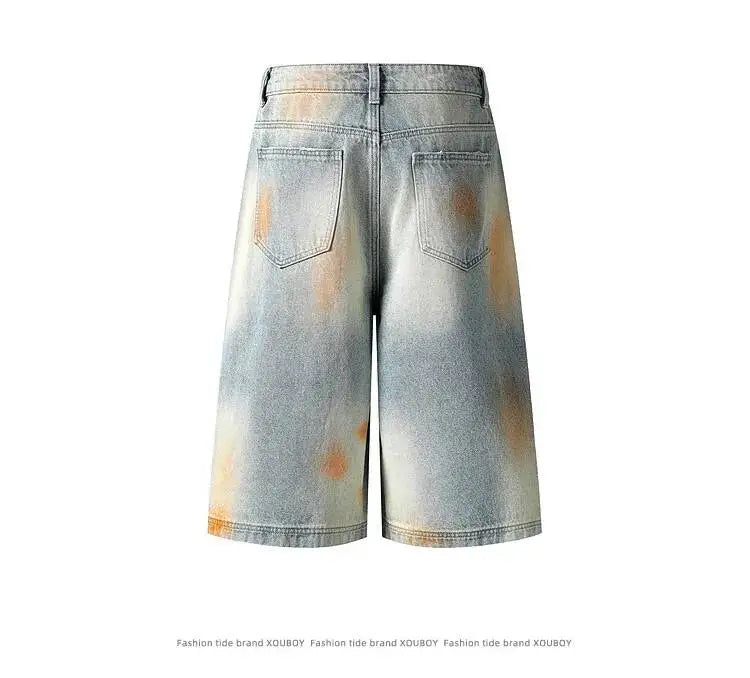 IEFB Men’s Distressed Denim Shorts – Contrast Color Washed Knee-Length Wide-Leg Shorts, Summer Streetwear Jeans