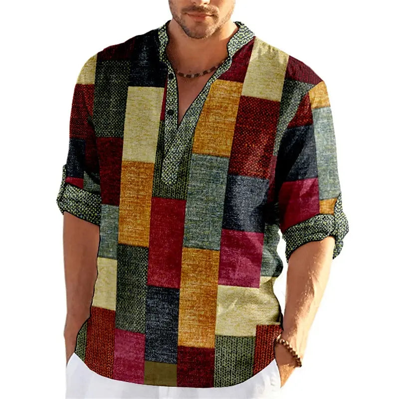 Men’s Vintage Henley Shirt – 3D Print Color Block Patchwork Top | Stand Collar Long Sleeve Casual Wear