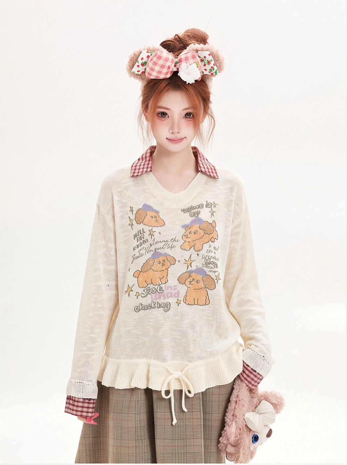 Women’s Cartoon Dog Print T-Shirt – Long Sleeve Drawstring Waist Casual Sun Protection Top