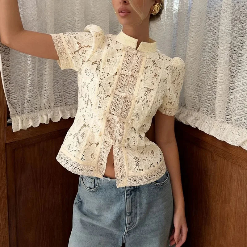 Women’s Summer Lace Blouse – Vintage Floral Printed Hollow Out See-Through Top, Elegant Short Sleeve Casual Shirt for Ladies