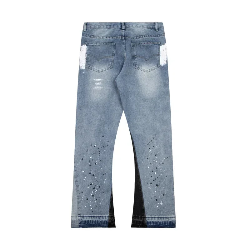 Unisex Washed Denim Trousers | Retro Letter Detail, Loose Straight Fit with Subtle Flared Leg | Trendy High Street Jeans