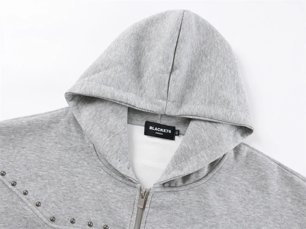 Men’s Studded Hooded Cardigan Sweatshirt – Loose-Fit Streetwear Jacket, Trendy Sporty Casual Top