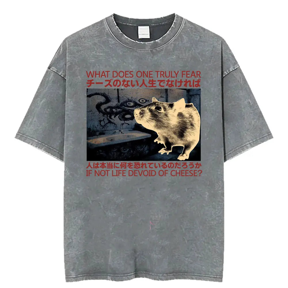 Unisex Funny Cat Graphic T-Shirt – Vintage Japanese-Style Washed Tee | Oversized Casual Streetwear